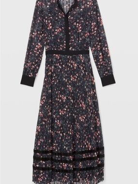 Club Monaco Black Floral Long-Sleeve Midi Dress with Pink Accents